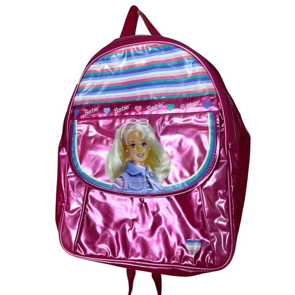 Barbie Pink Striped‎ Heart Accents Glossy Barbie Doll Image Backpack Girls 1996